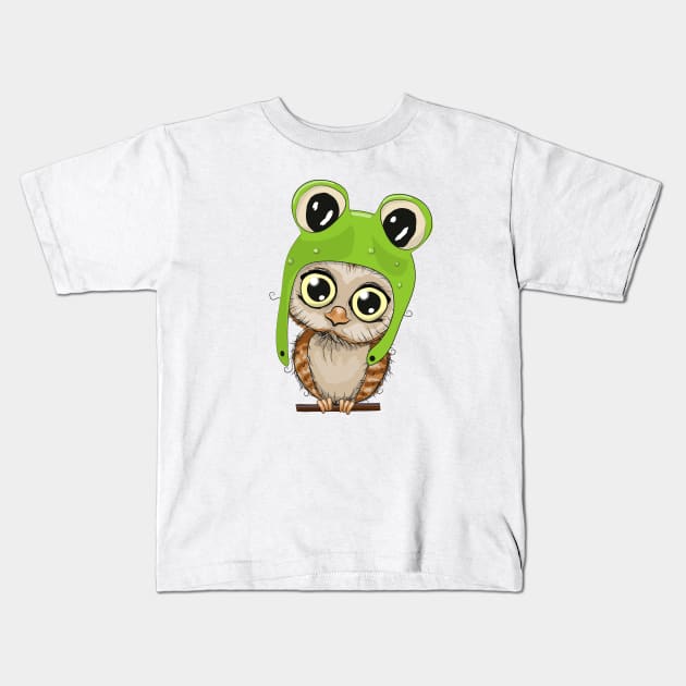 Cute little owl with big eyes and an frogs hat Kids T-Shirt by Reginast777